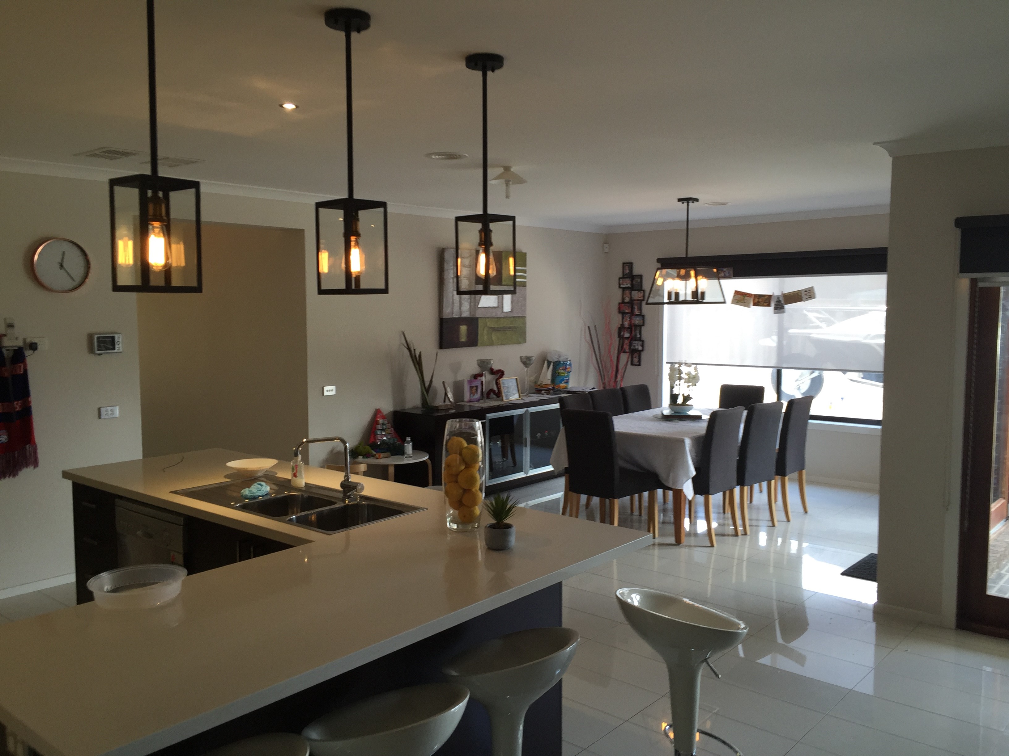 Residential project: Installation of 3x Nostalgic Edison globe feature pendants lights above dining area