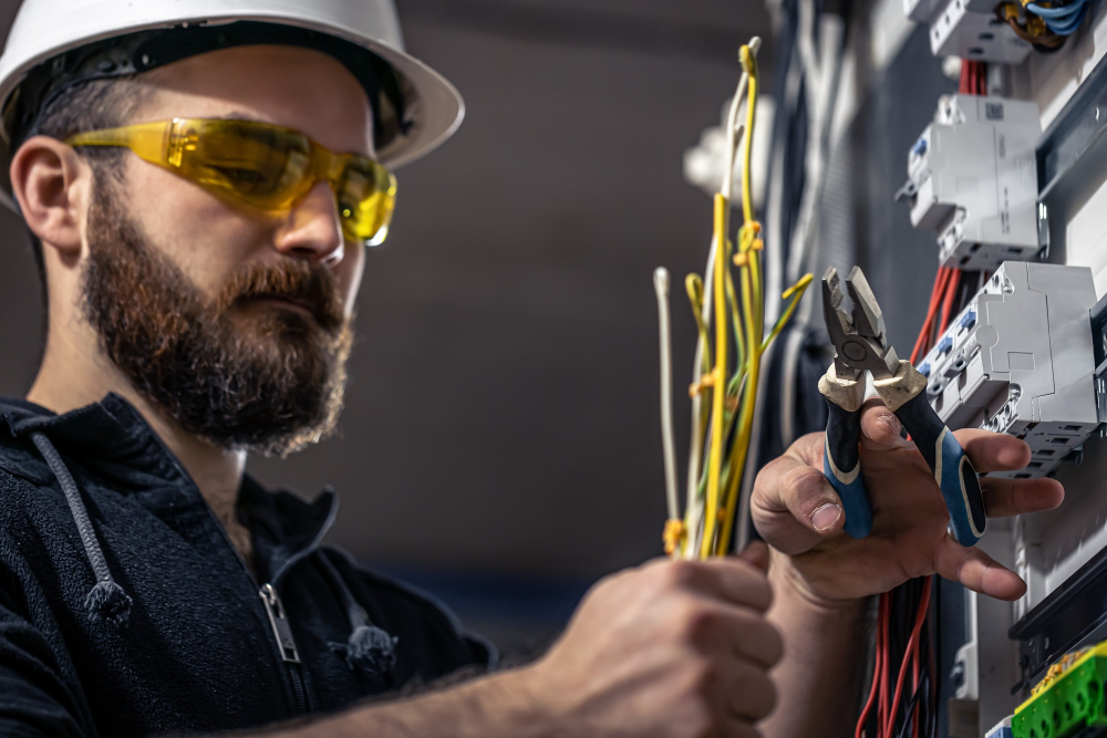 Male Electrician Works Switchboard with Electrical Connecting Cable - LC Electrical Services