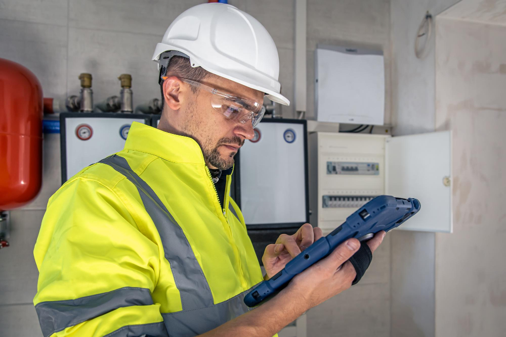 A man in a safety vest and hard hat holding a tablet, ensuring a secure transition with our Newport-specific Moving In Electrical Checklist.